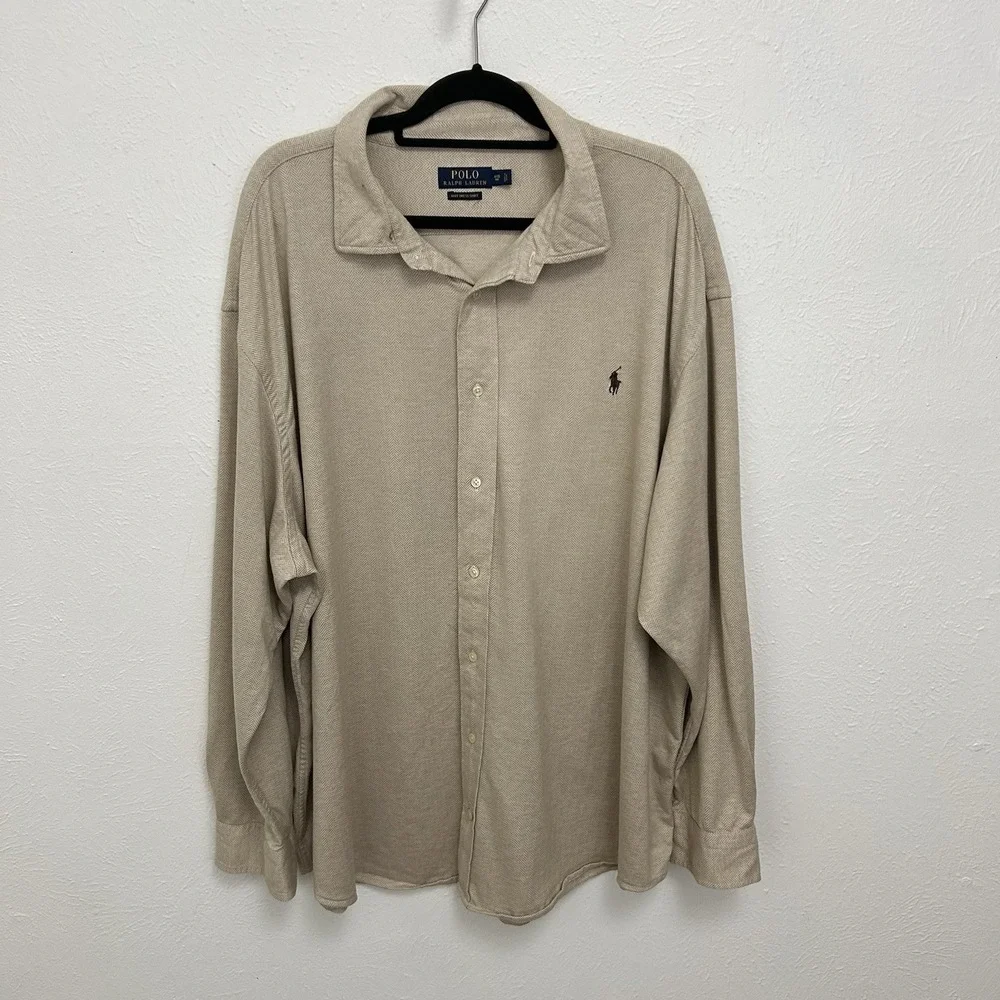 Polo Ralph Lauren Beige Chevron Knit Shirt Size 4XB Long Sleeve Button up Preppy